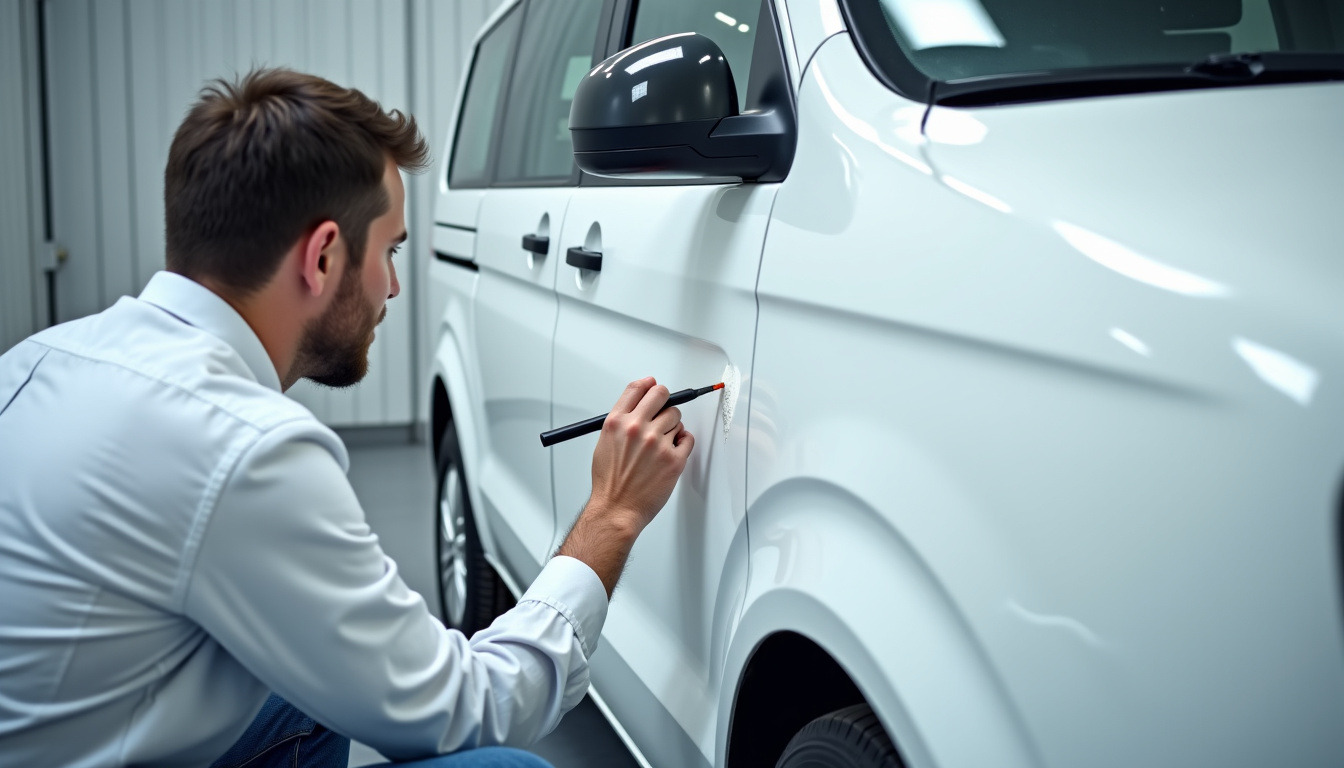 Application de peinture partielle sur une portière de voiture en atelier