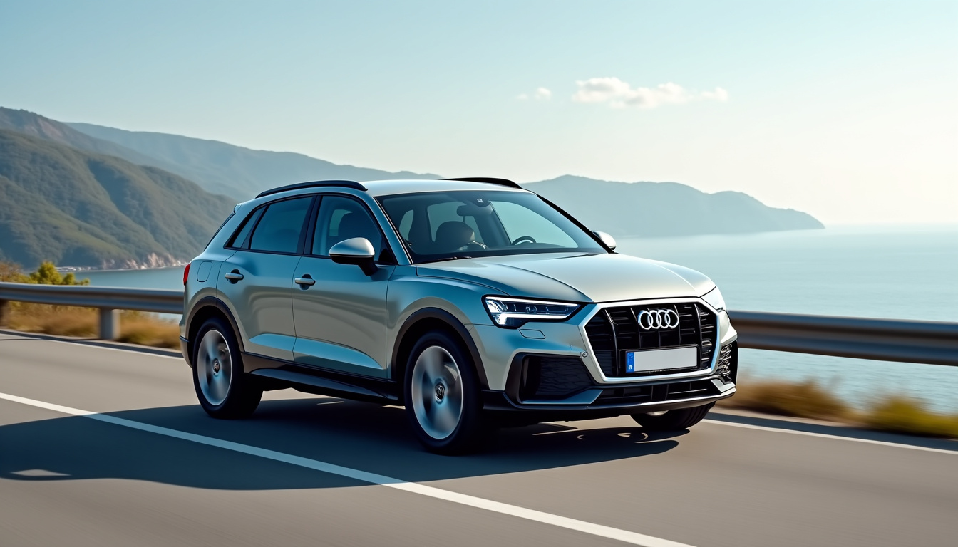 Audi Q3 hybride en conduite sur une route panoramique, vue extérieure du véhicule en mouvement