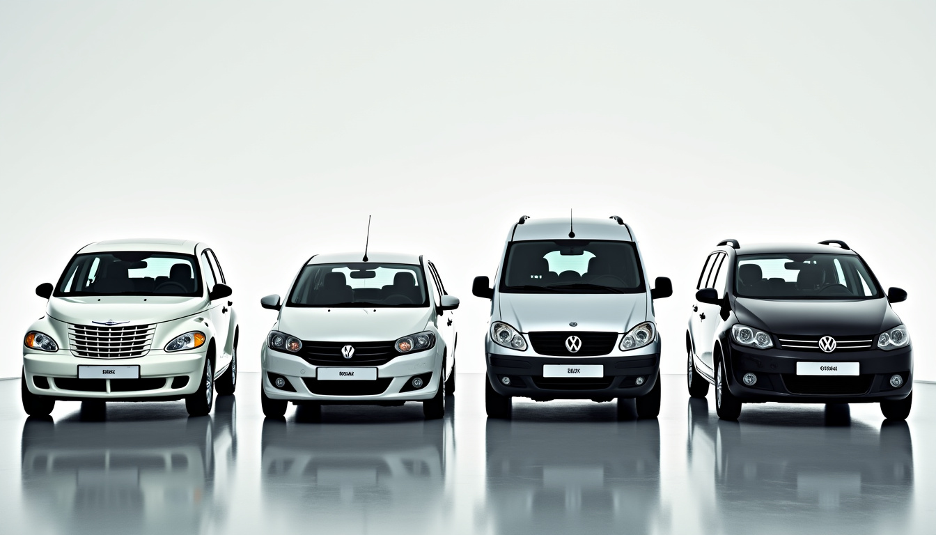 Comparaison visuelle de la PT Cruiser avec des modèles contemporains de son époque, comme la Renault Scénic et la VW Touran