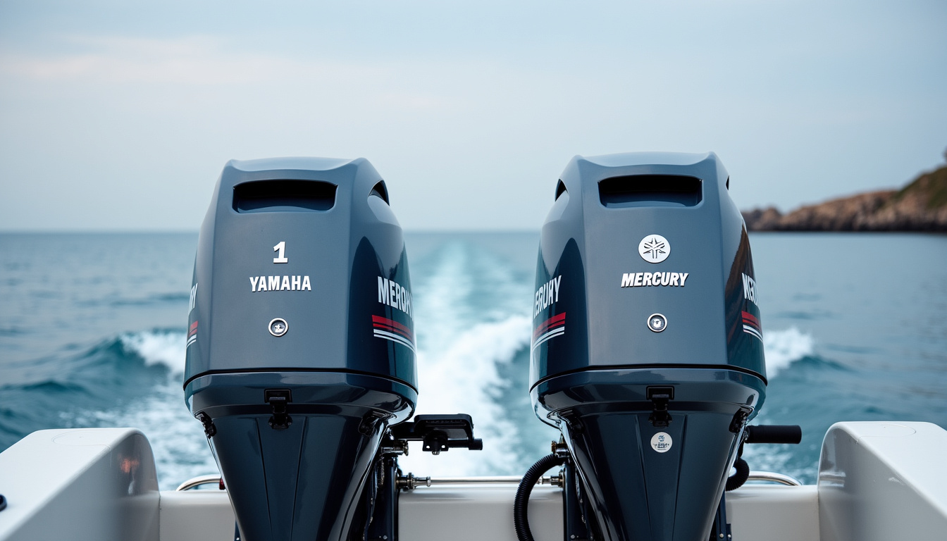 Comparaison visuelle entre un moteur hors-bord Yamaha et un moteur Mercury côte à côte sur deux bateaux
