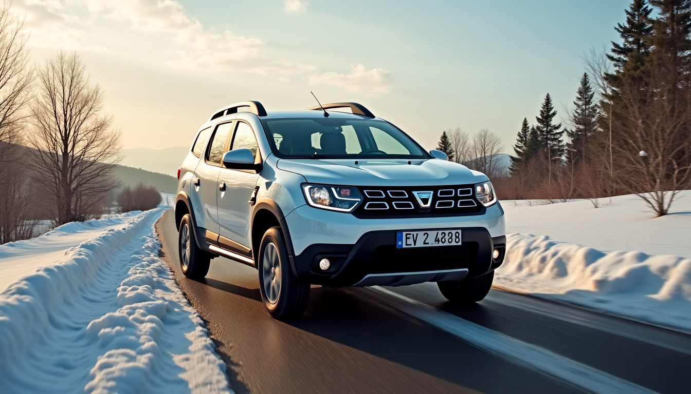 Dacia Bigster 4x4 en situation de conduite sur route enneigée, illustrant ses capacités tout-terrain
