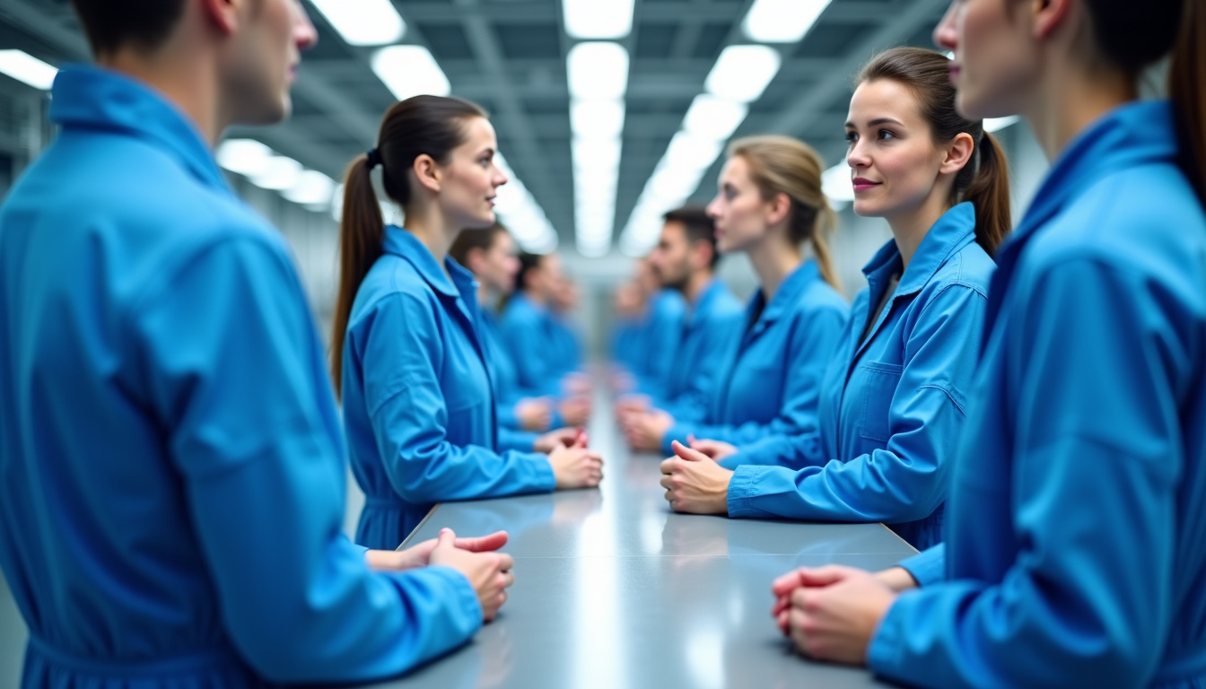 Équipe de techniciens en combinaison bleue discutant autour d