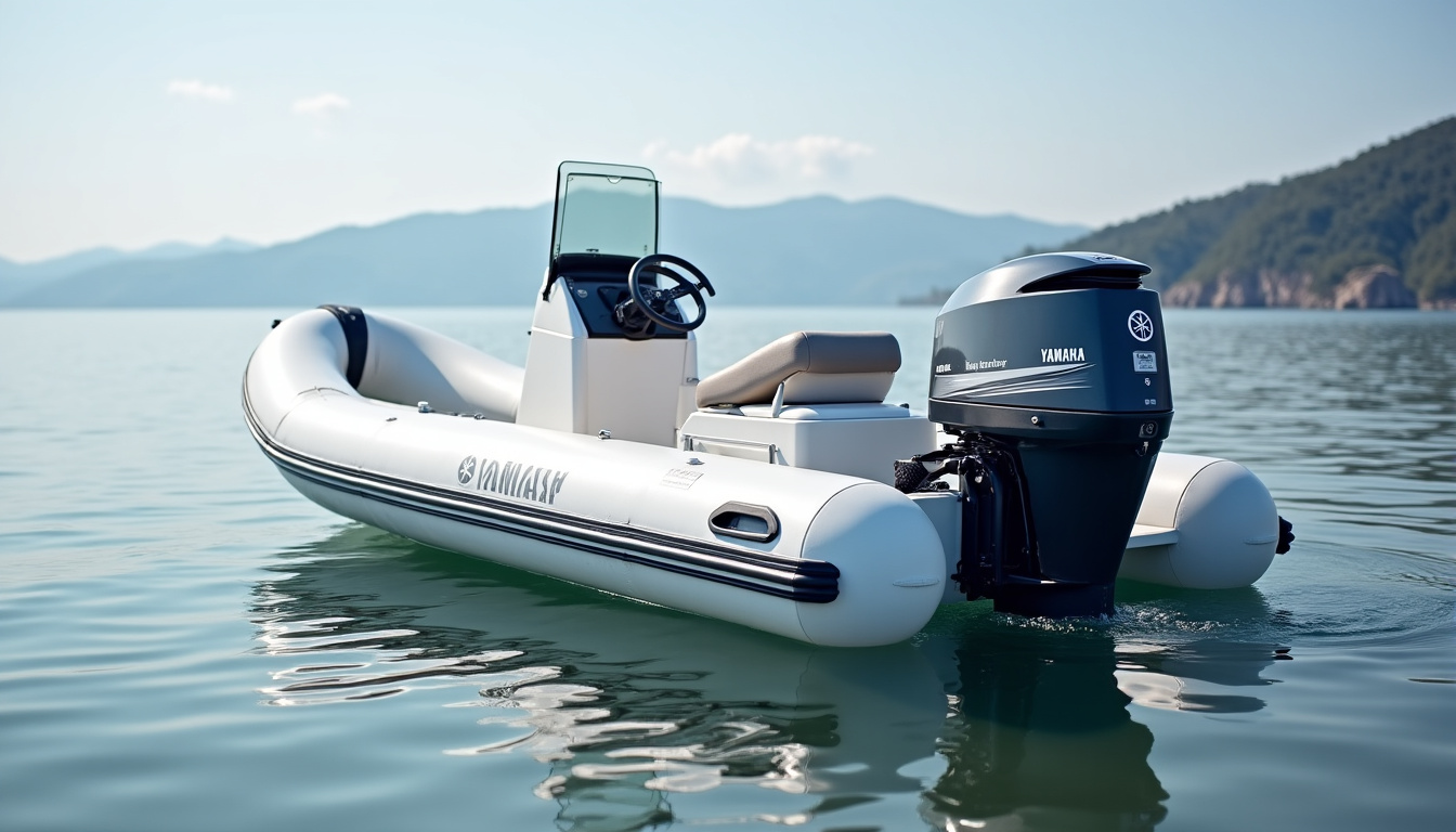 Moteur hors-bord Yamaha modèle transportable posé sur une annexe gonflable en bord de mer
