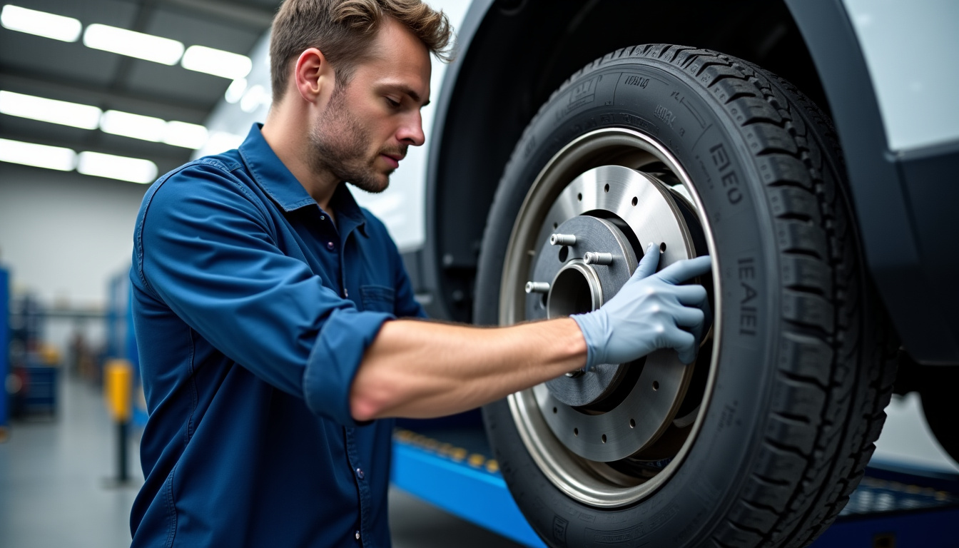 Technicien en train de vérifier les plaquettes et disques de frein sur un véhicule sur pont élévateur