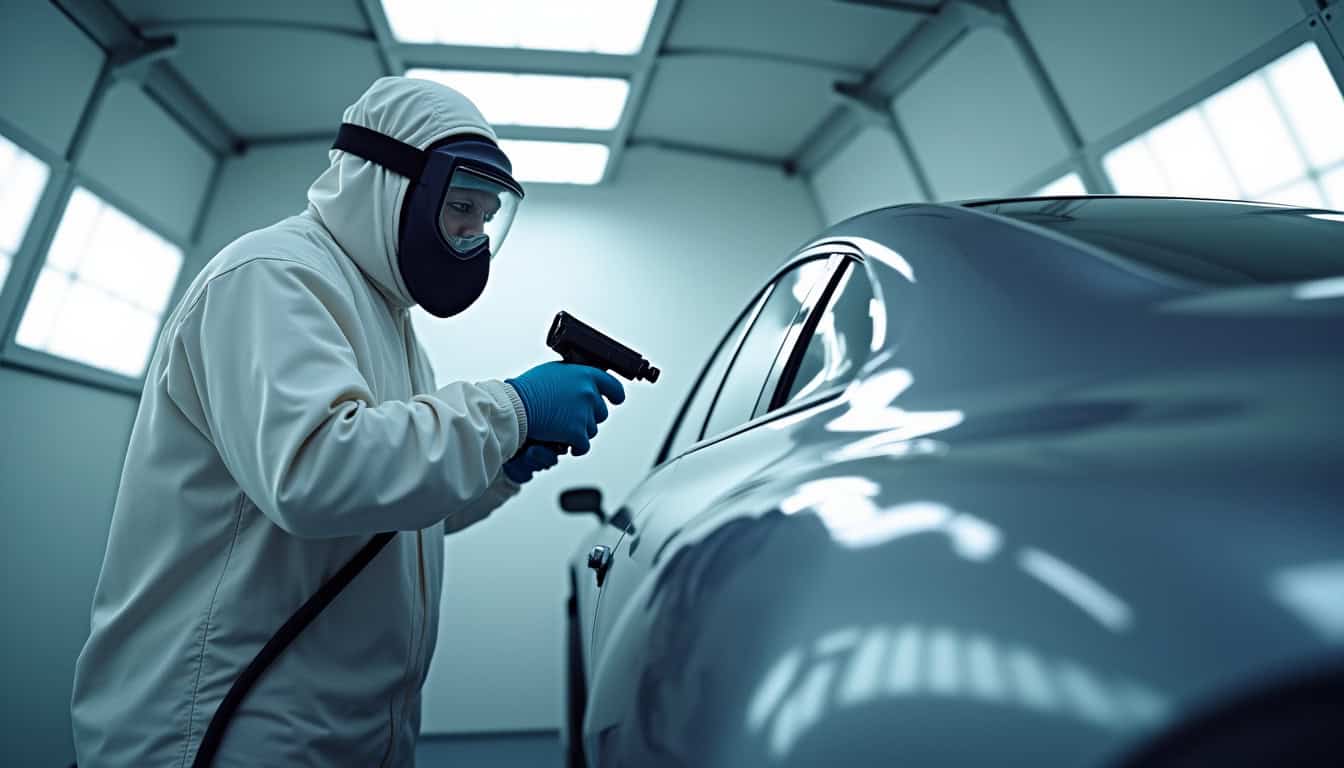 Application de la peinture dans une cabine spécialisée équipée d