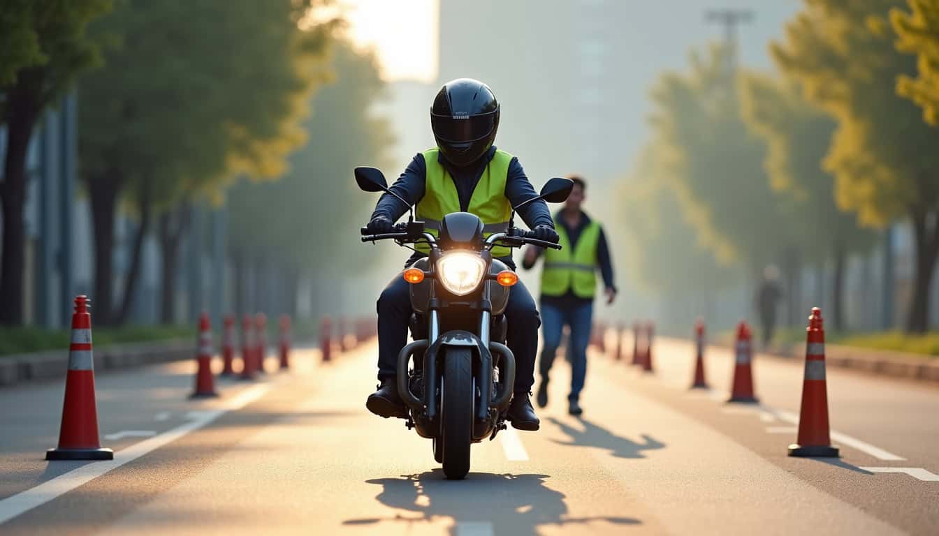 Apprenti motard en train de suivre la formation de 7 heures dans une moto-école