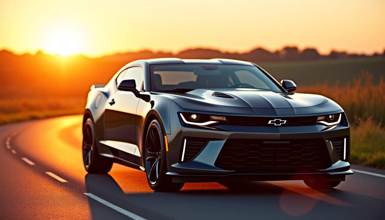 Chevrolet Camaro SS automatique vue de trois quarts sur une route de campagne, mettant en valeur son design agressif