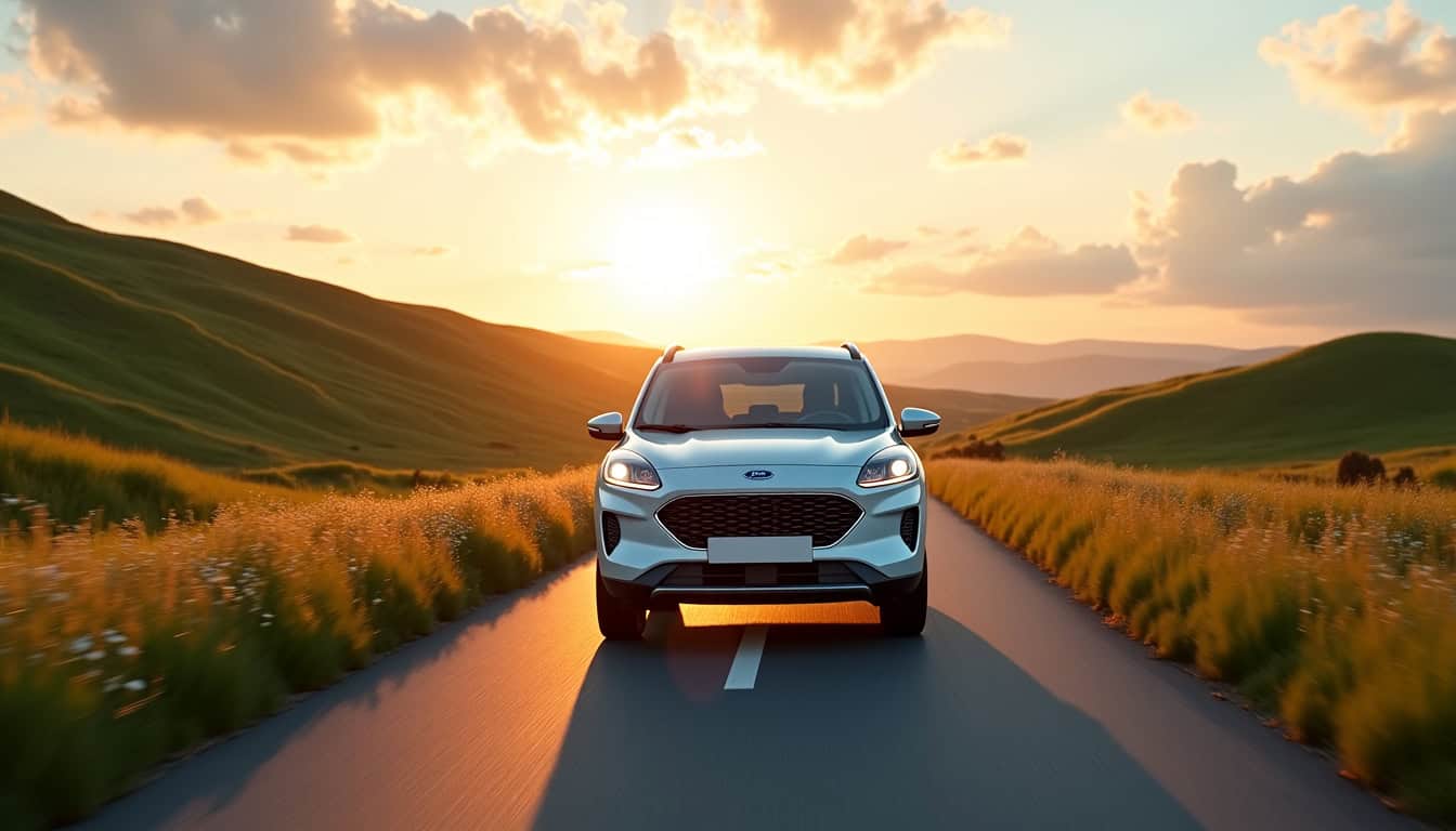 Ford Kuga hybride E85 en conduite sur une route de campagne, vue de face avec feux allumés