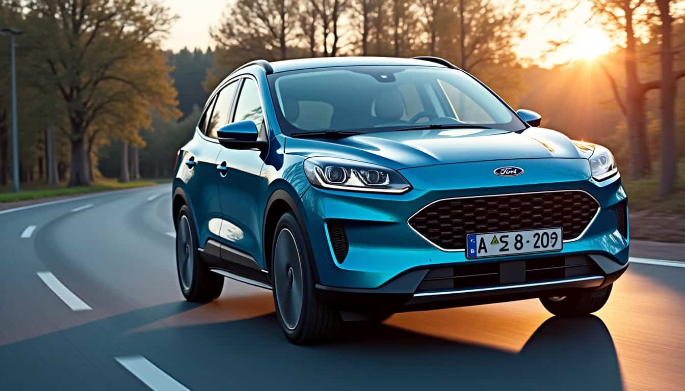 Ford Kuga hybride en train de faire le plein à une pompe affichant E85 avec le prix du carburant visible