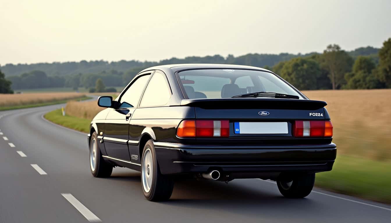 Ford Sierra Cosworth trois portes avec aileron arrière imposant, vue de profil sur route de campagne