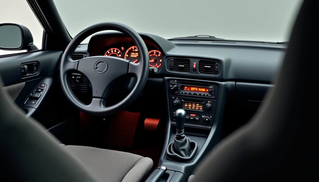 Intérieur de la Nissan Skyline R34 berline, vue du siège conducteur avec volant en cuir, compteurs analogiques et console centrale en plastique noir