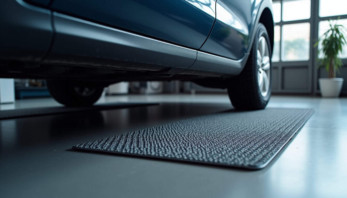 Mise en place de rampes de levage sous une voiture pour entretien