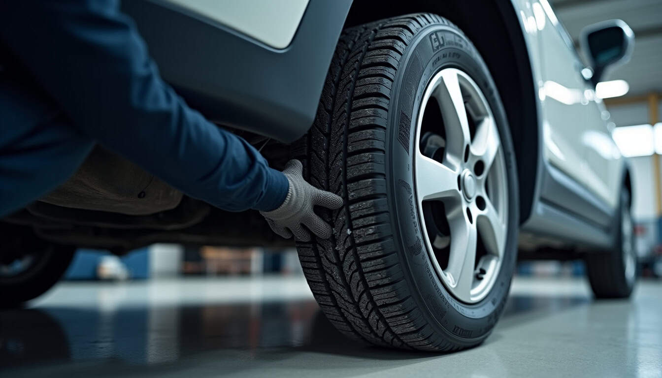 Montage de pneus hiver sur une voiture, illustrant un usage courant du simulateur de dimension de pneus