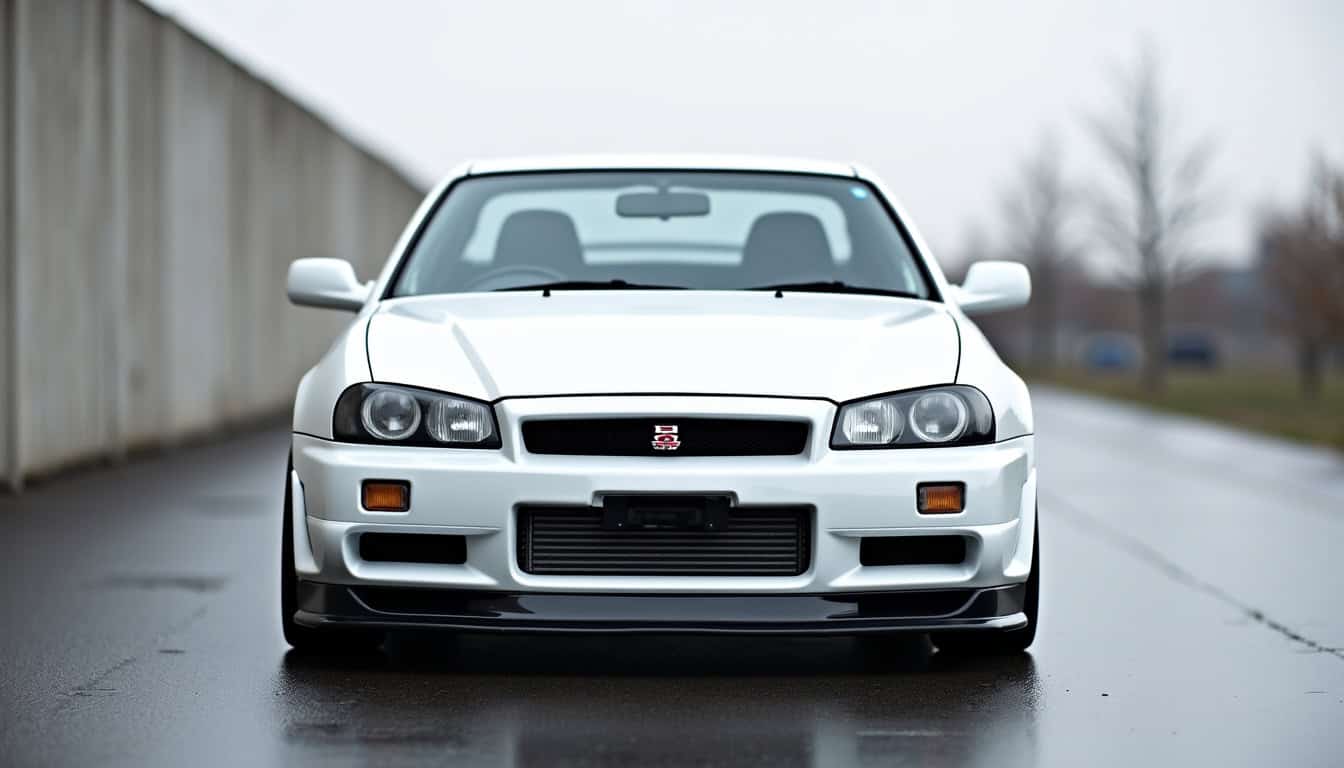 Nissan Skyline R34 berline en coloris blanc, vue de face avec phares arrondis et grille caracteristique de la série R34