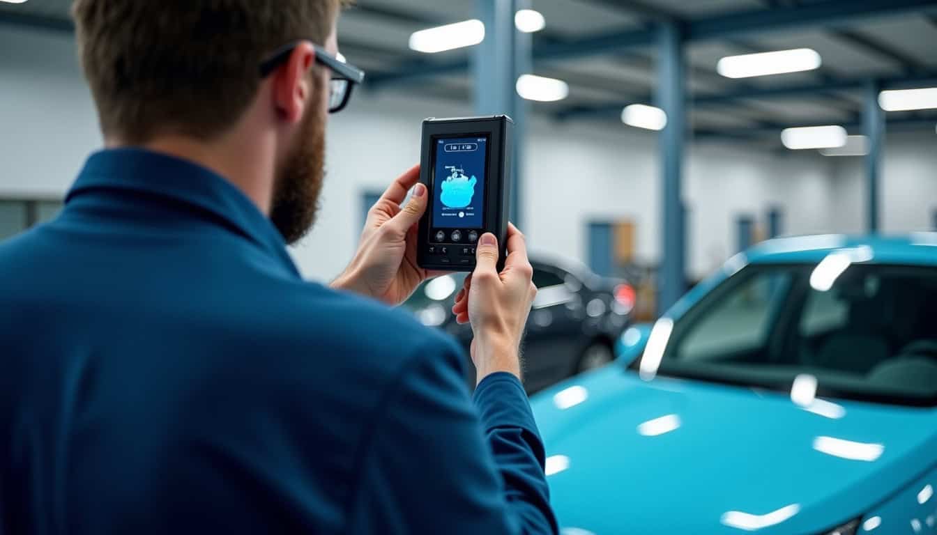 Un technicien en carrosserie utilise un spectrophotomètre pour analyser la couleur de la carrosserie d