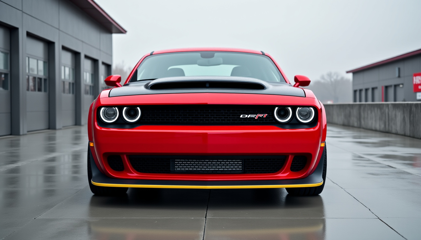 Vue de face de la Dodge Challenger SRT Demon 170 de 2023 montrant son capot massif et sa prise d