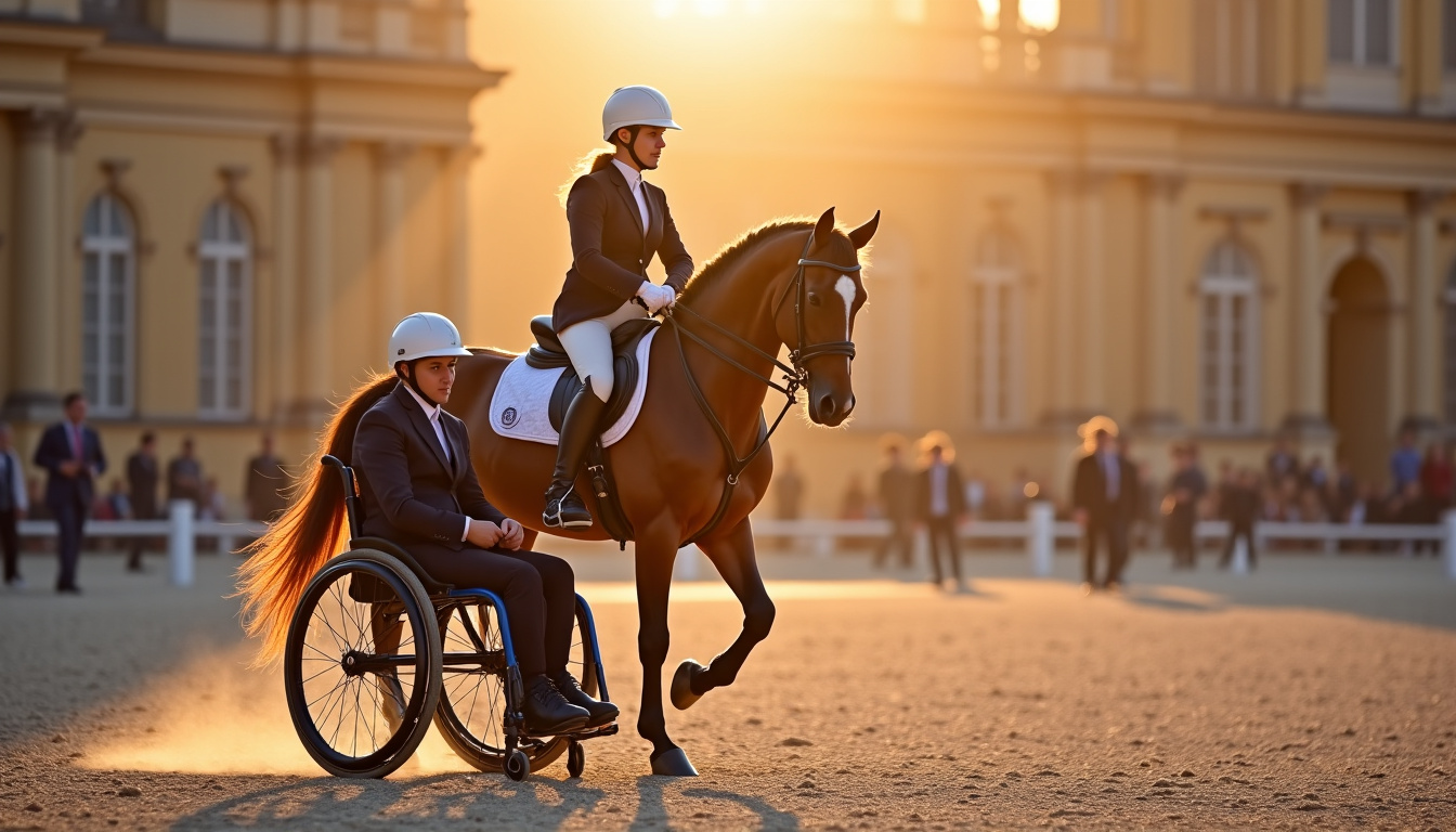 Cavalier en fauteuil roulant participant à une épreuve de para-dressage au château de Versailles