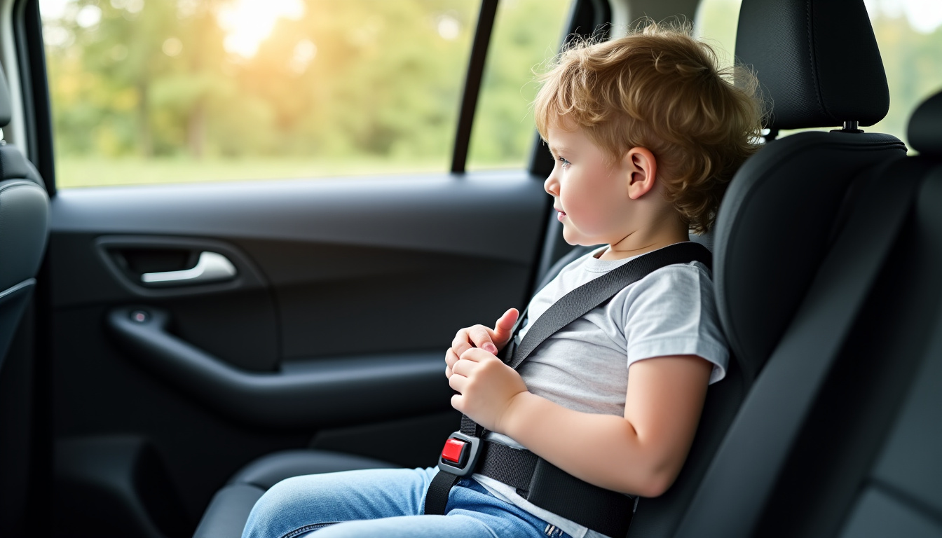 Enfant installé dans un rehausseur voiture avec dossier, ceinture correctement positionnée
