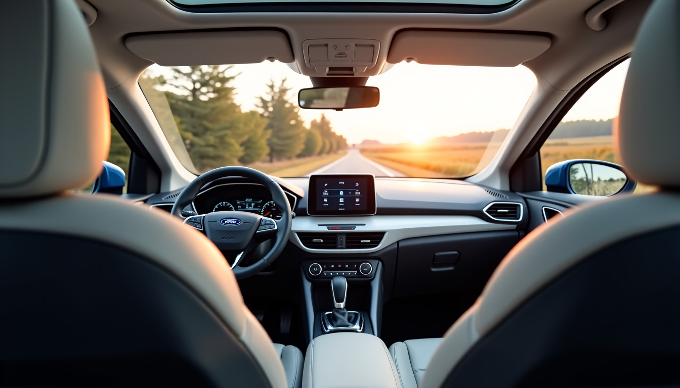 Intérieur du Ford Kuga hybride 2026 vu de l'habitacle, montrant le design du tableau de bord et l'écran central