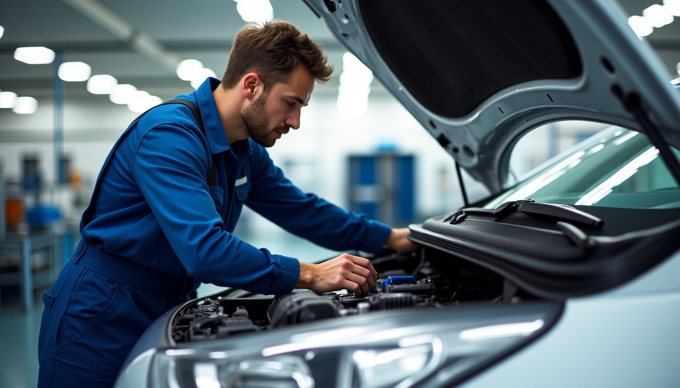 Technicien en train de vérifier le système hybride du Ford Kuga dans un atelier automobile