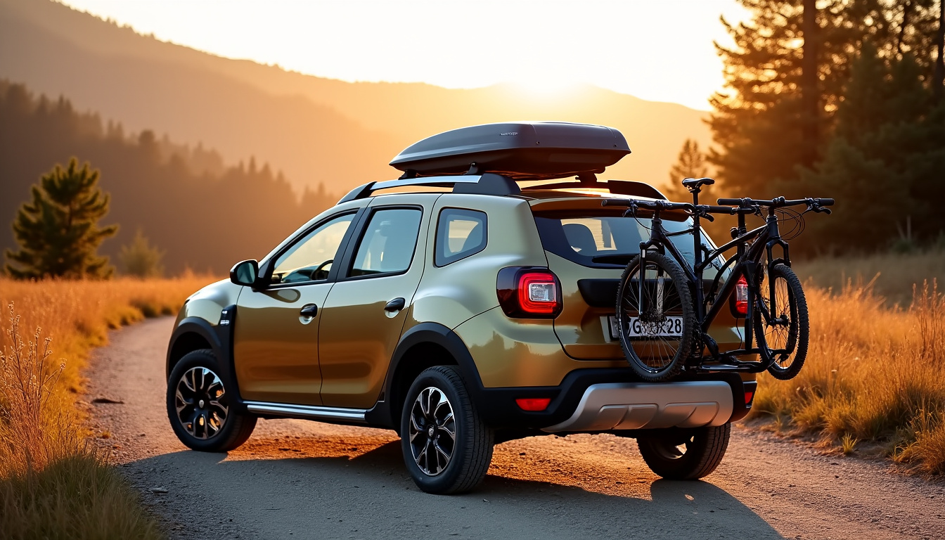 Utilisation de la Dacia Sandero Stepway avec coffre de toit, porte-vélos et barres de toit modulaires en extérieur