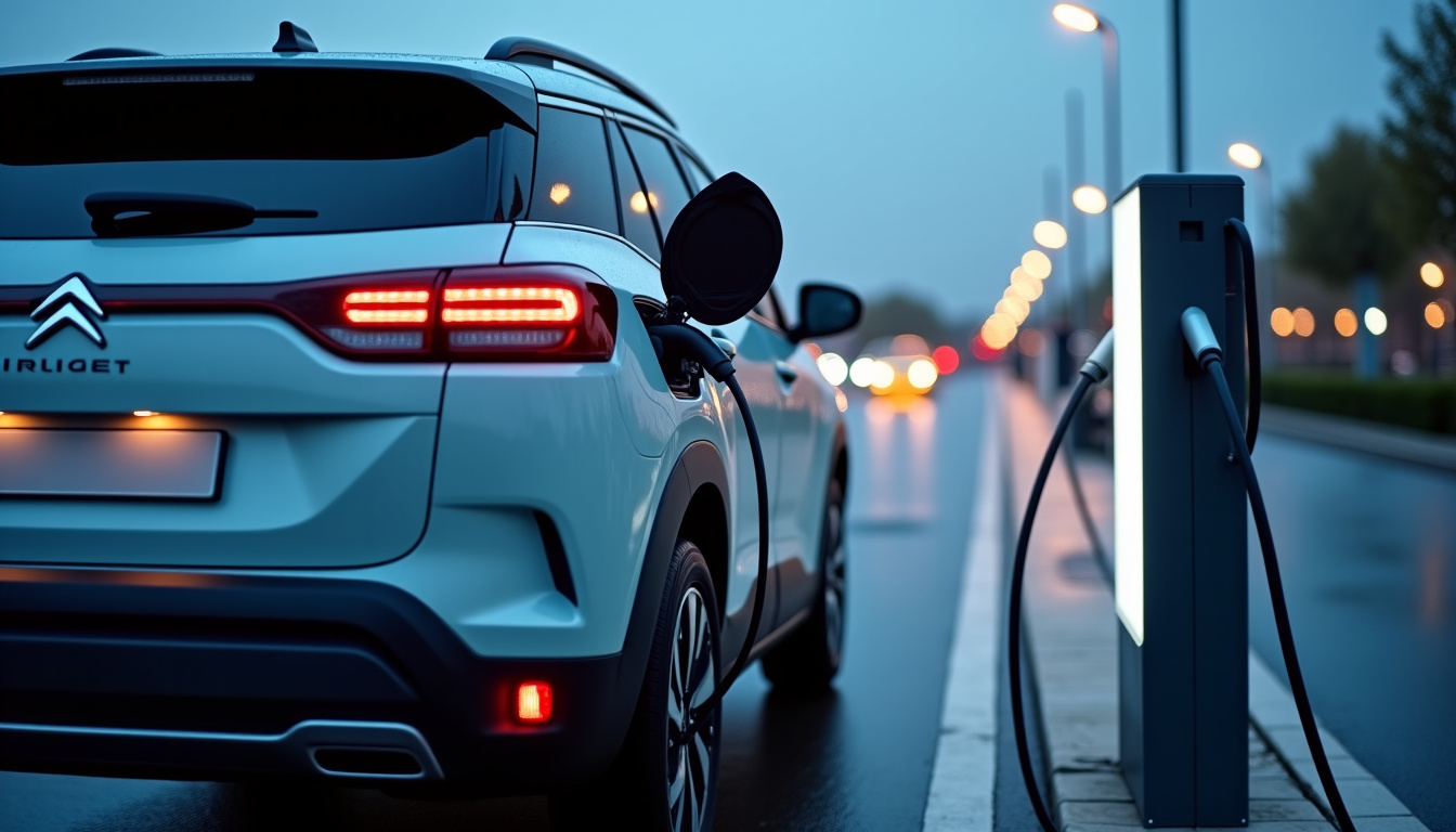 Citroën C5 Aircross en charge sur une borne électrique, vue arrière montrant le port de recharge