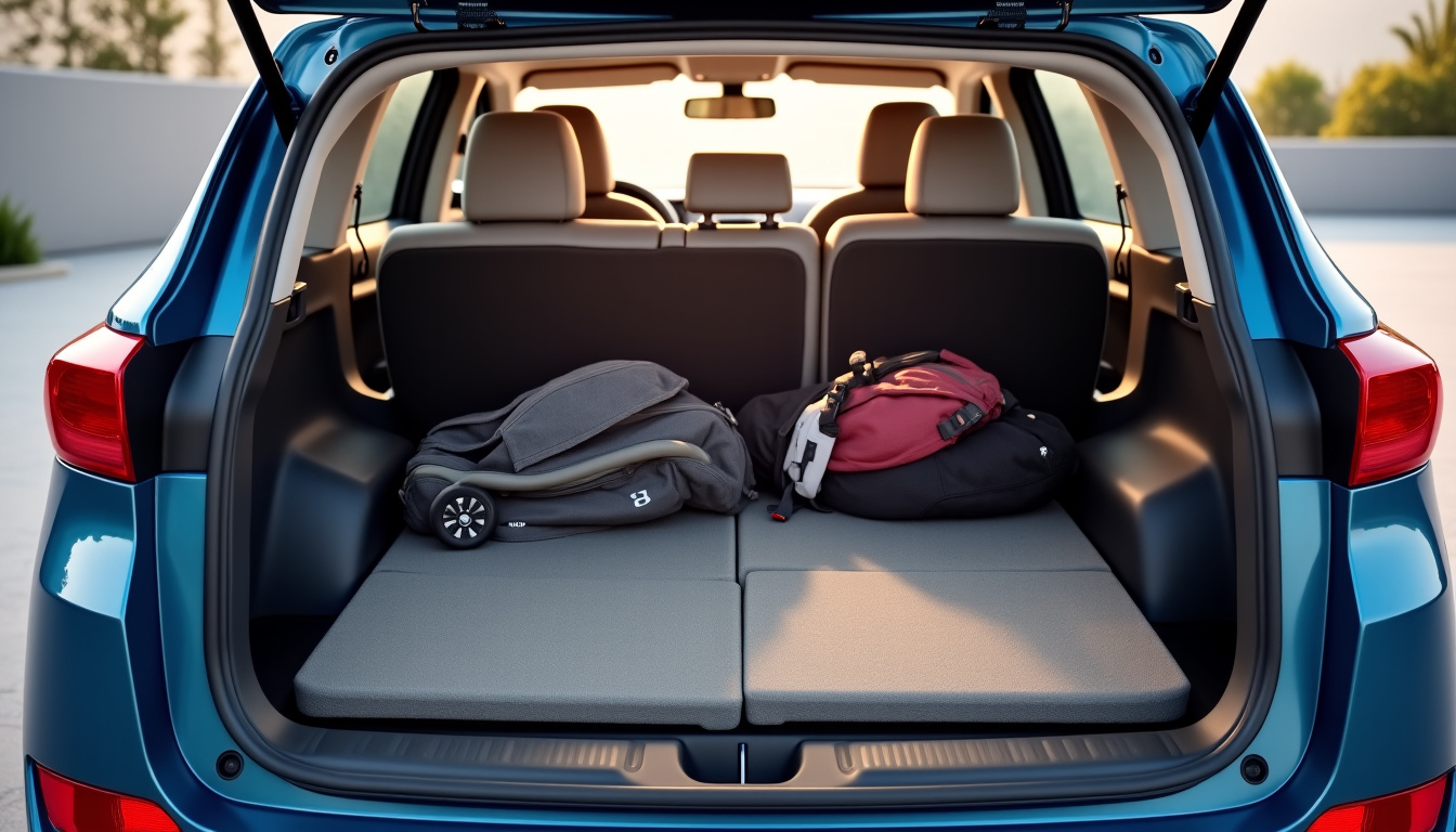 Coffre du Hyundai Tucson hybride avec banquette arrière rabattue, montrant un espace de chargement maximal