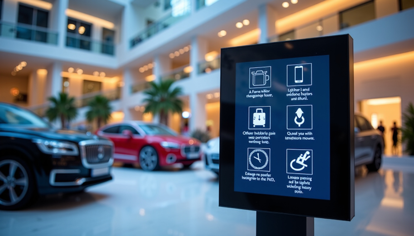 Conseils pratiques affichés sur un panneau à l’entrée du salon automobile de Monaco