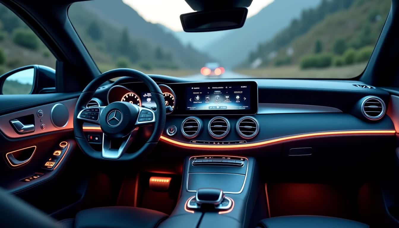 Intérieur du Mercedes GLC avec écran MBUX Hyper-Screen 39,1 pouces, siège conducteur et ambiance lumineuse active