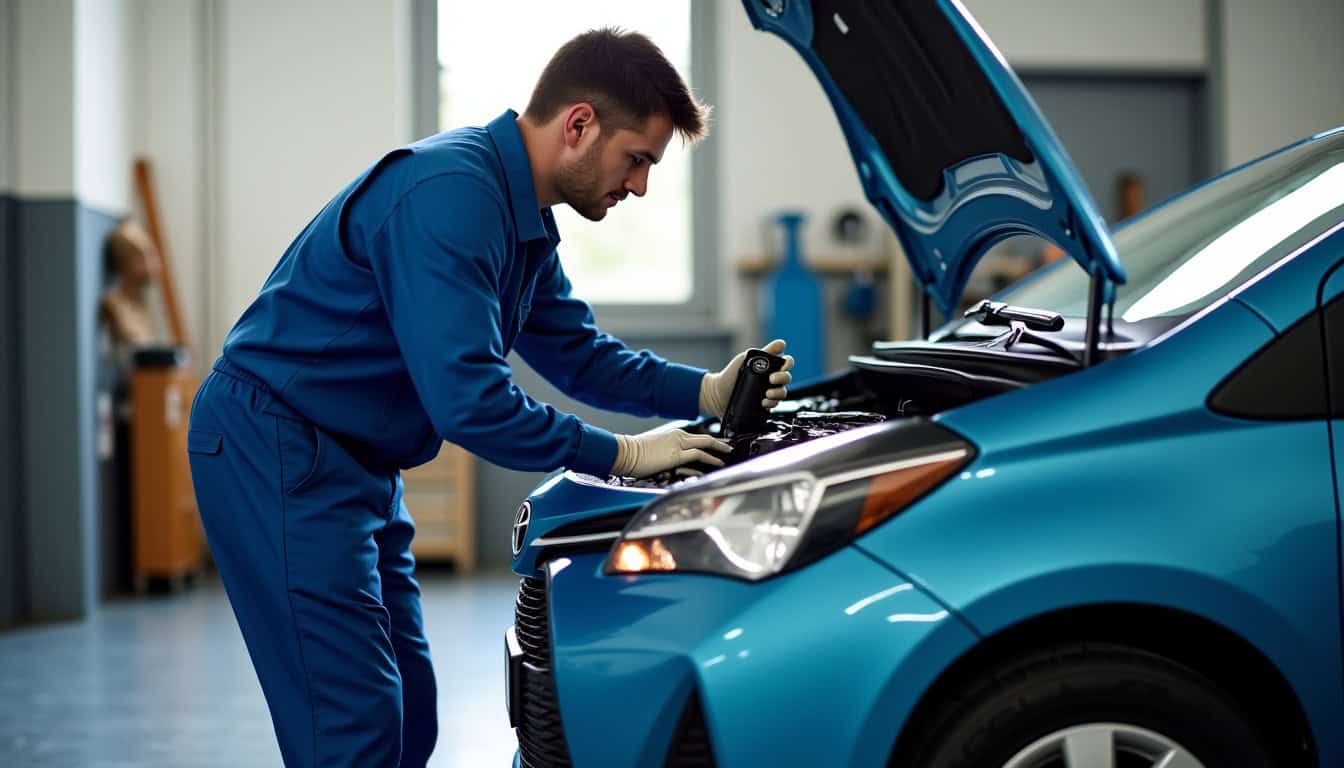 Mécanicien en combinaison bleue inspectant le moteur d
