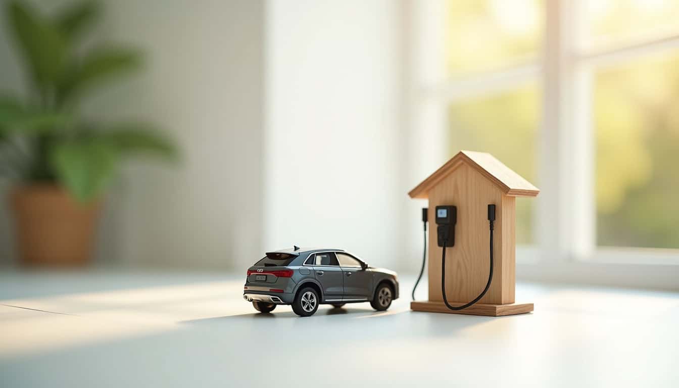 Véhicule électrique en charge à domicile avec borne de recharge. Solution écologique pour recharger.