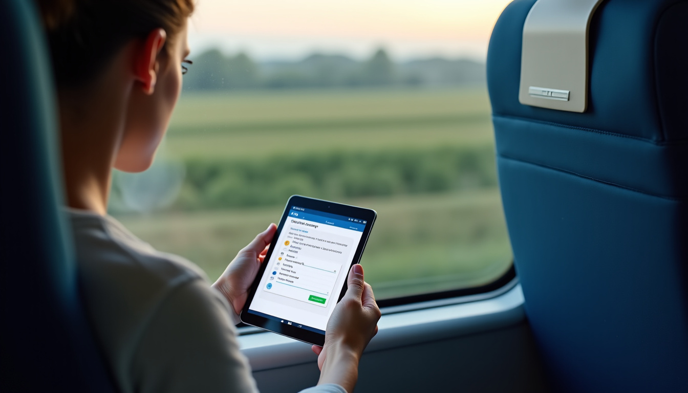 Utilisateur répondant à un questionnaire sur tablette dans un cadre SNCF