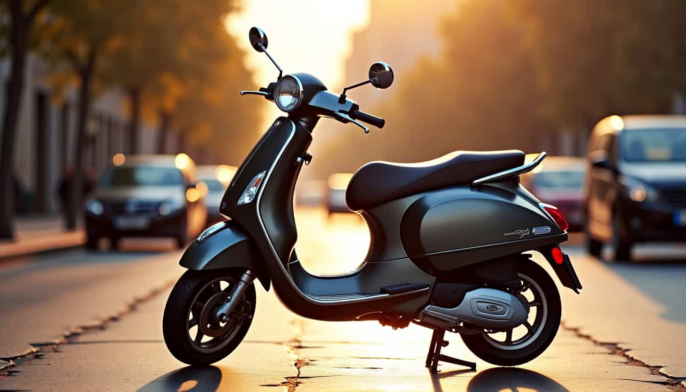 Vespa moderne vue de profil, montrant les détails du design actuel