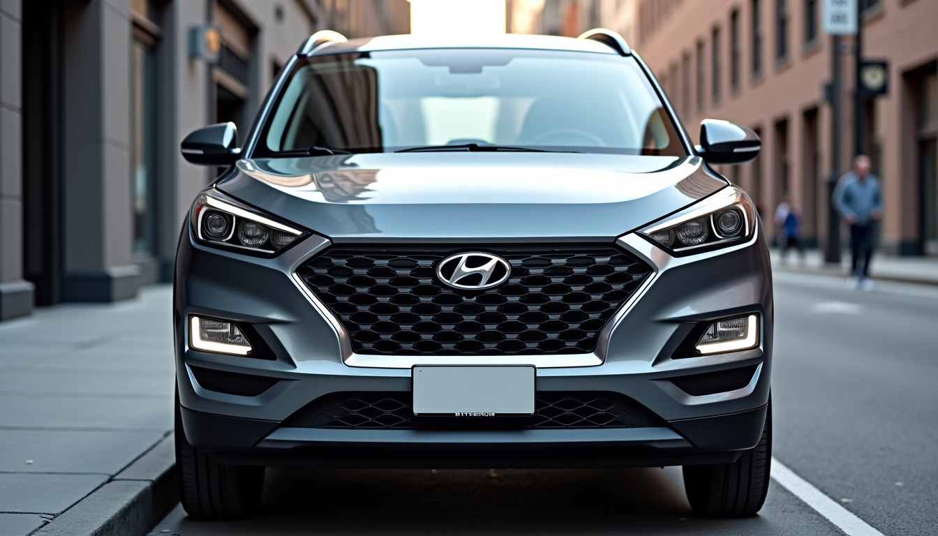 Vue de face du Hyundai Tucson hybride en Shadow Grey, mettant en valeur sa calandre en croix et ses feux LED avant