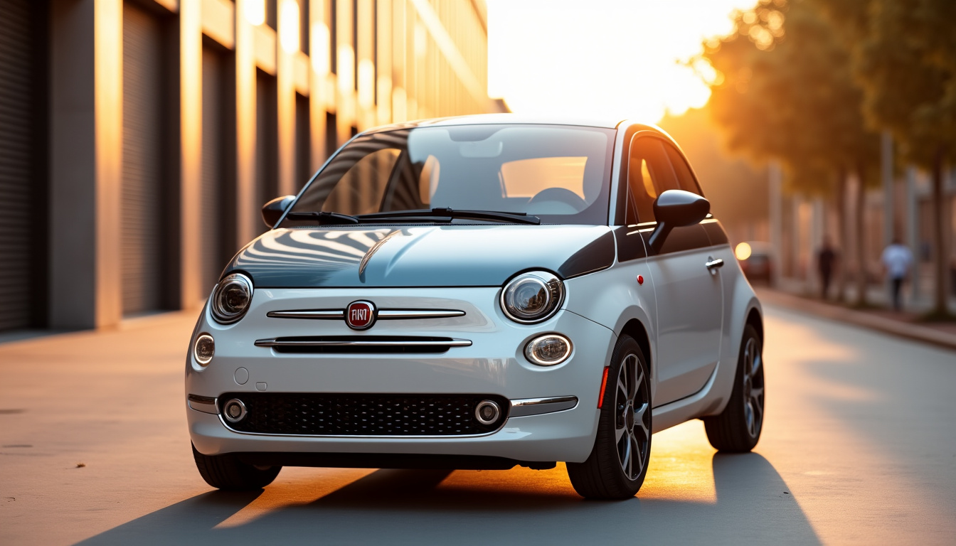 Vue de face et profil de la Fiat 600 électrique avec feux LED et carrosserie bicolore