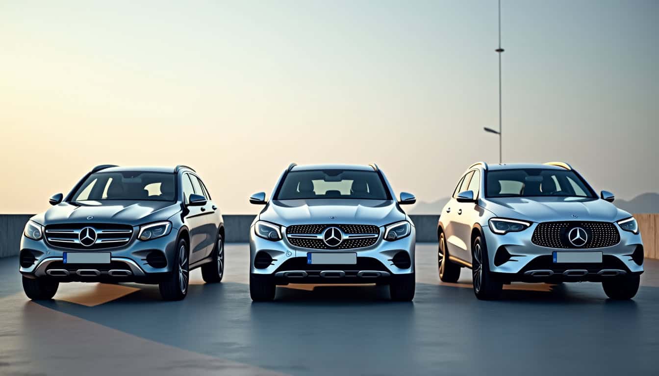 Vue de trois Mercedes GLC côte à côte: thermique, hybride rechargeable et version 100 % électrique, illustrant l
