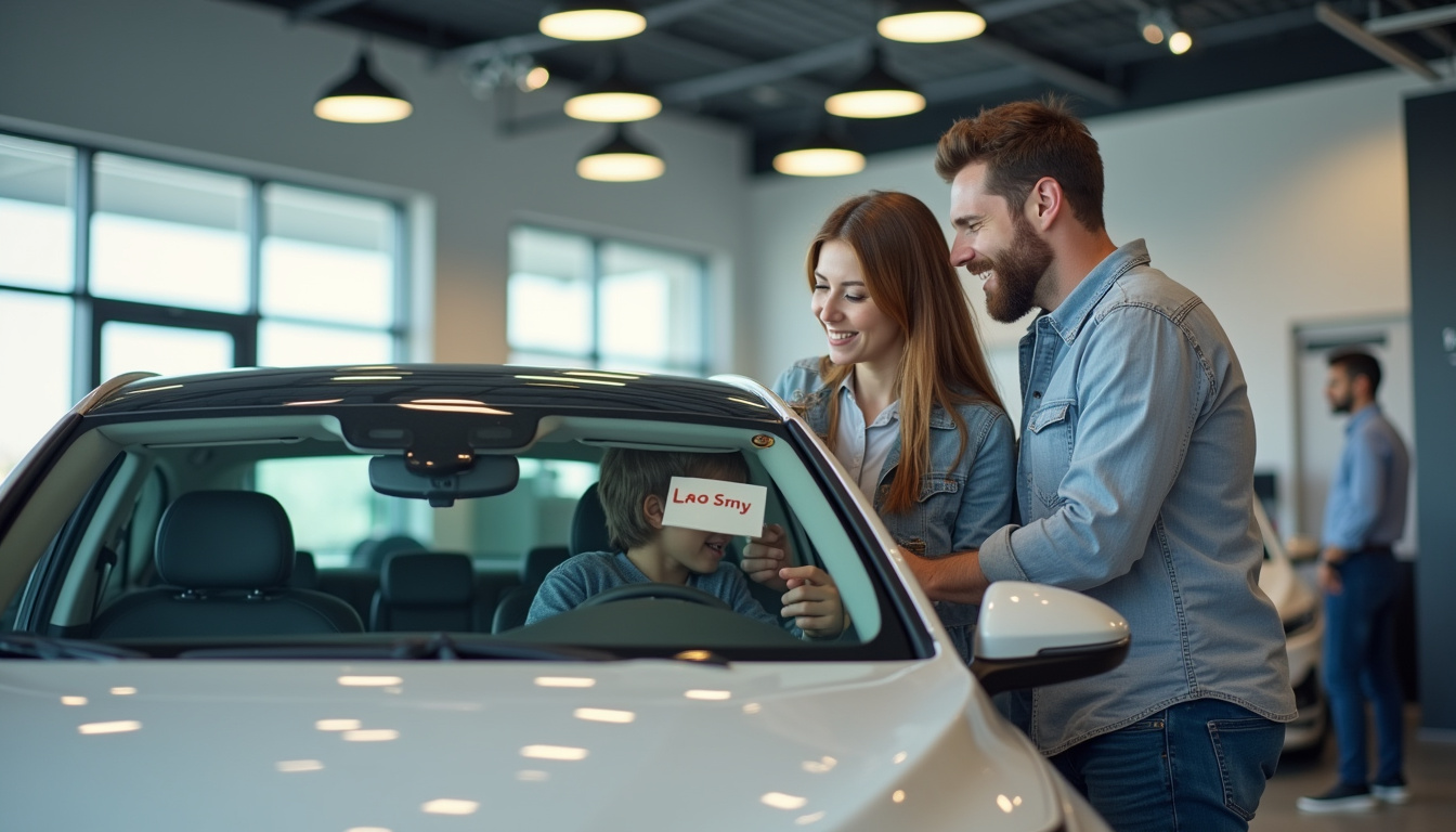 Famille choisissant une voiture d'occasion en leasing dans une concession