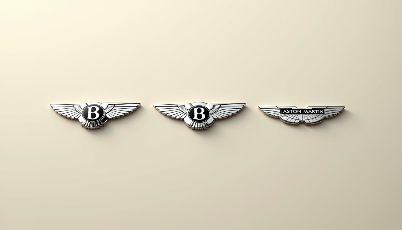 Logos des marques britanniques Rolls-Royce, Bentley et Aston Martin sur fond crème