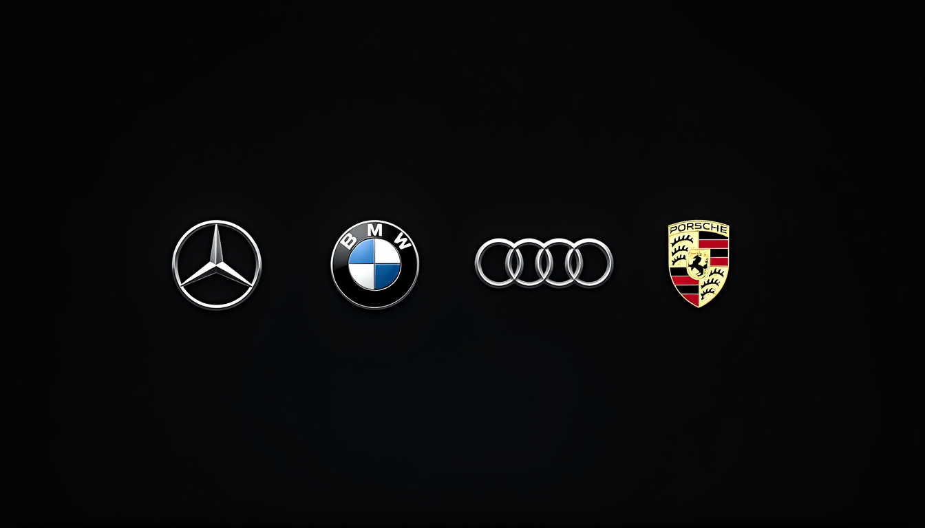 Logos emblématiques de Mercedes, BMW, Audi et Porsche alignés sur fond noir