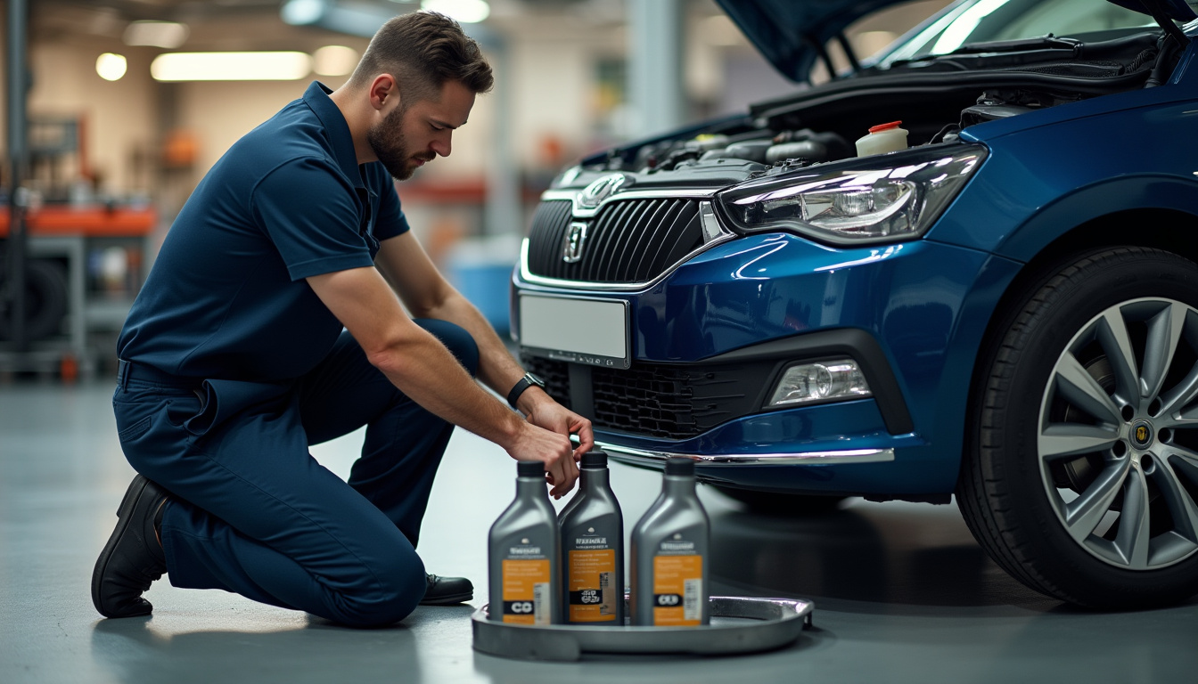 Mécanicien effectuant une vidange sur un moteur 1.2 PureTech, avec des outils et des bidons d'huile conforme aux spécifications C5