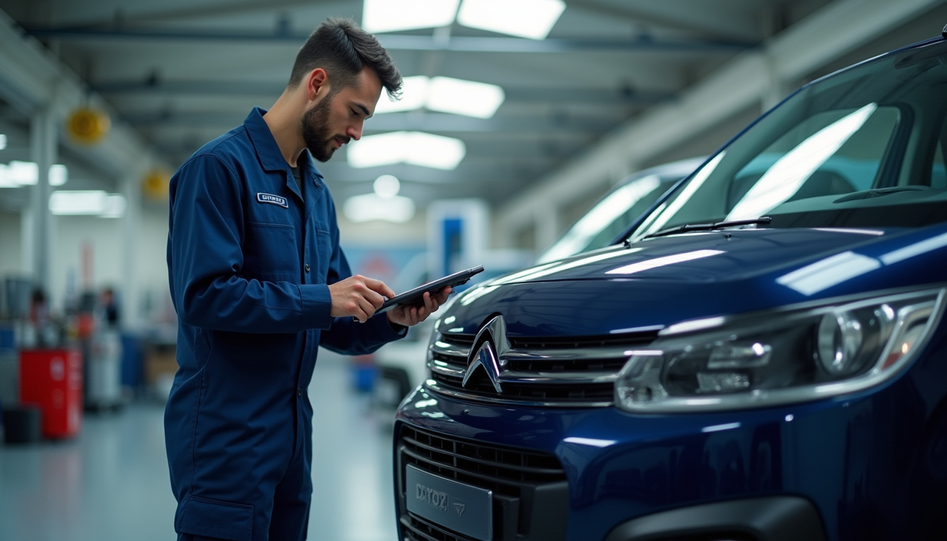 Technicien en combinaison bleue utilisant un outil de diagnostic sur un véhicule Citroën en atelier