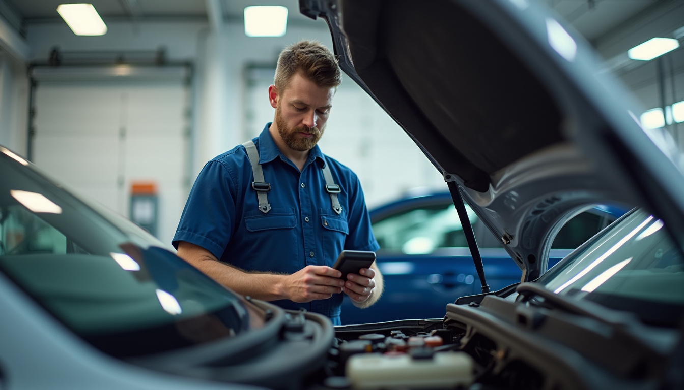 Technicien vérifiant un véhicule d'occasion sous garantie avant leasing