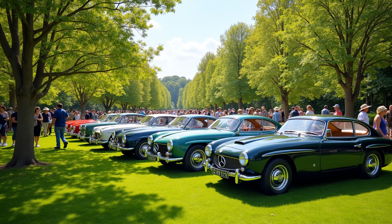 Vue d’un parc fermé du Tour Auto, avec plusieurs voitures anciennes alignées et le public en visite