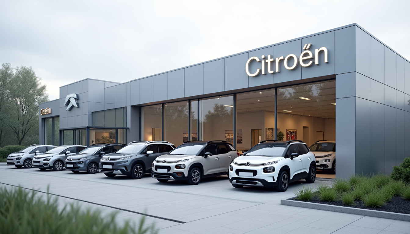 Vue extérieure d’un garage Citroën à Colmar avec véhicules exposés et enseigne officielle