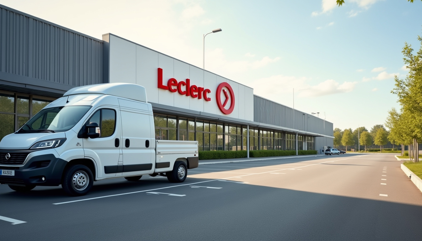 Agence de location Leclerc située à côté d'un hypermarché, avec stationnement adapté pour les utilitaires