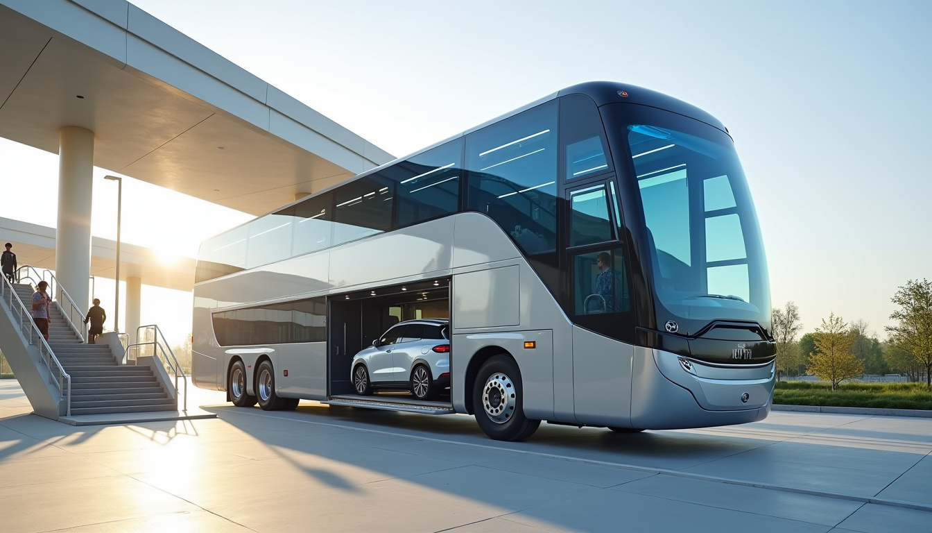 Autocar bi-niveau de la société Symone capable de transporter passagers et véhicules en même temps