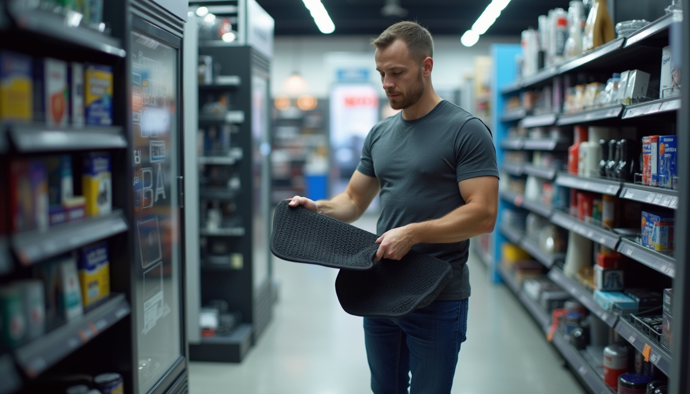 Client dans un magasin d'accessoires automobiles en train de choisir des produits pour son véhicule