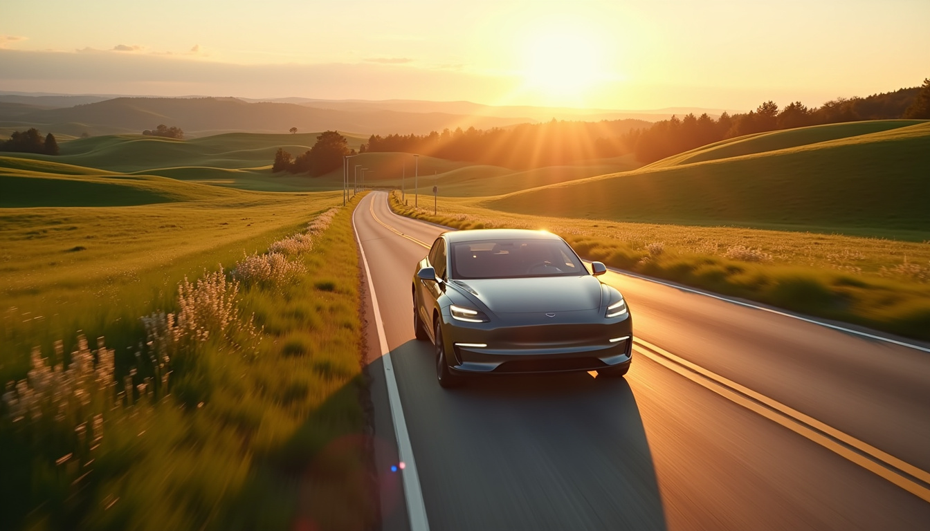 Essai terrain d'une voiture électrique sur route de campagne avec paysage vallonné