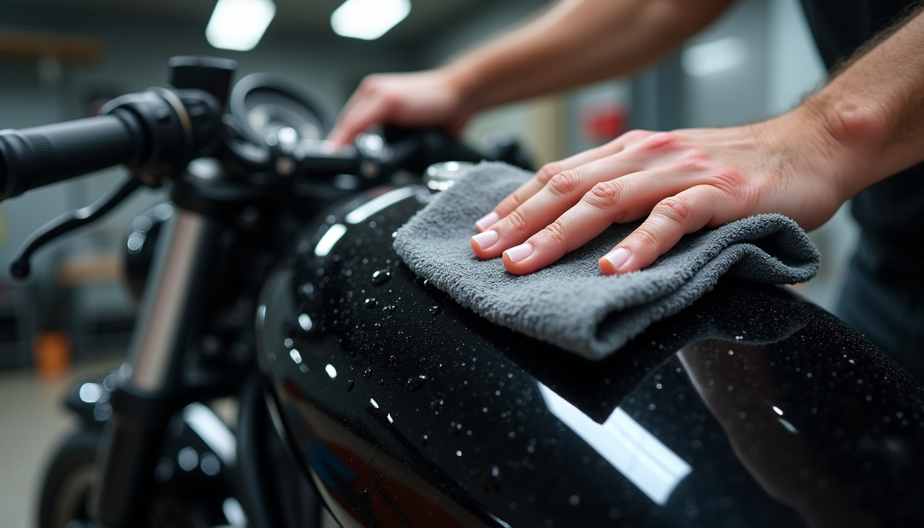 Nettoyage d’un carénage moto avec chiffon doux et produit adapté