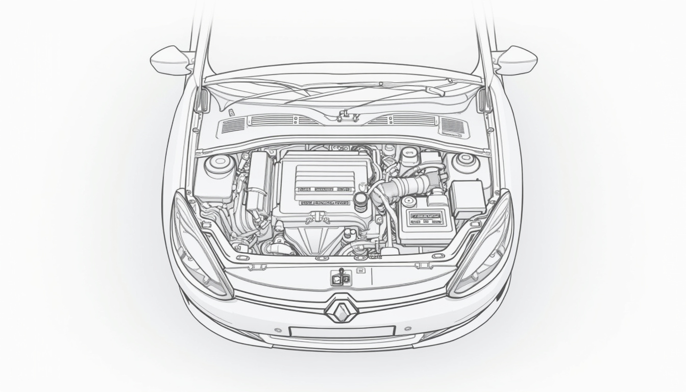 Schéma détaillé du compartiment moteur de la Renault Mégane 3 avec annotations des principaux composants